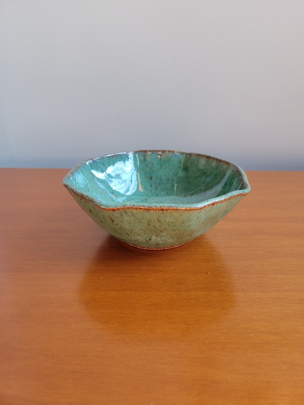 Handmade Studio Pottery Bowl Sea Green Brown Speckled Glaze Organic Wavy Rim